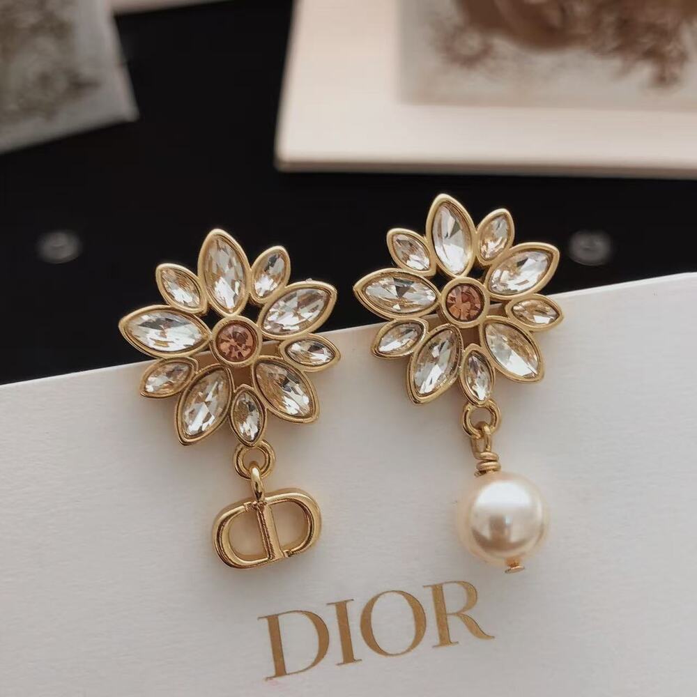 Dior Gold Crystal Flower Pearl Drop Earrings